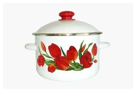 Кастрюля эмалированная цилиндрическая с металлическим ободком с рисунком Весна 2,0л