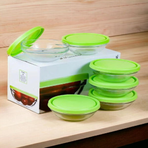 Набор  закалённых салатников  с зеленой крышкой CHEFS 14 см., (6 штук), 53553К ТМР